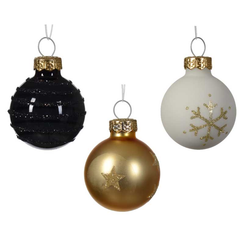 Decoris Glass Baubles In White, Black & Gold (Pack Of 9)