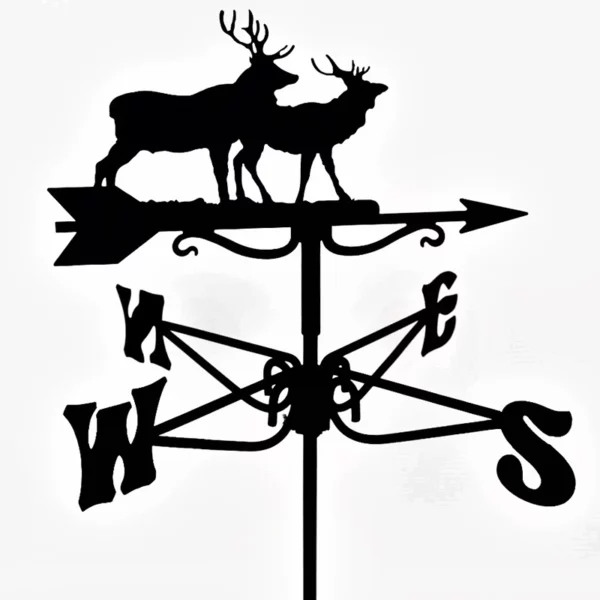 A detail of the black Espira Stag Mini Weathervane on a straight stem shown against a white background